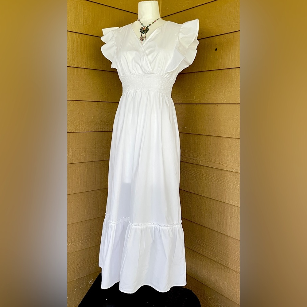 Molly Bracken 100% Cotton White Maxi Dress V-Neck Elastic Smock Waist